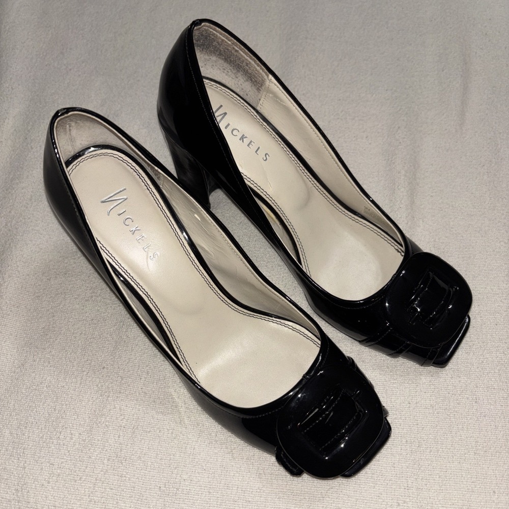 Nickels Heels Open Toe Buckle Black Night Faux Patent Leather 3" Pumps Size 9